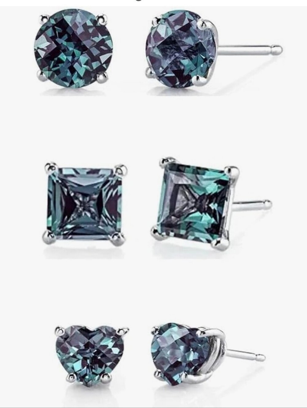 3 Pair Of 18 K White Gold Kissed Stud Earrings in round, princess, and heart cut
